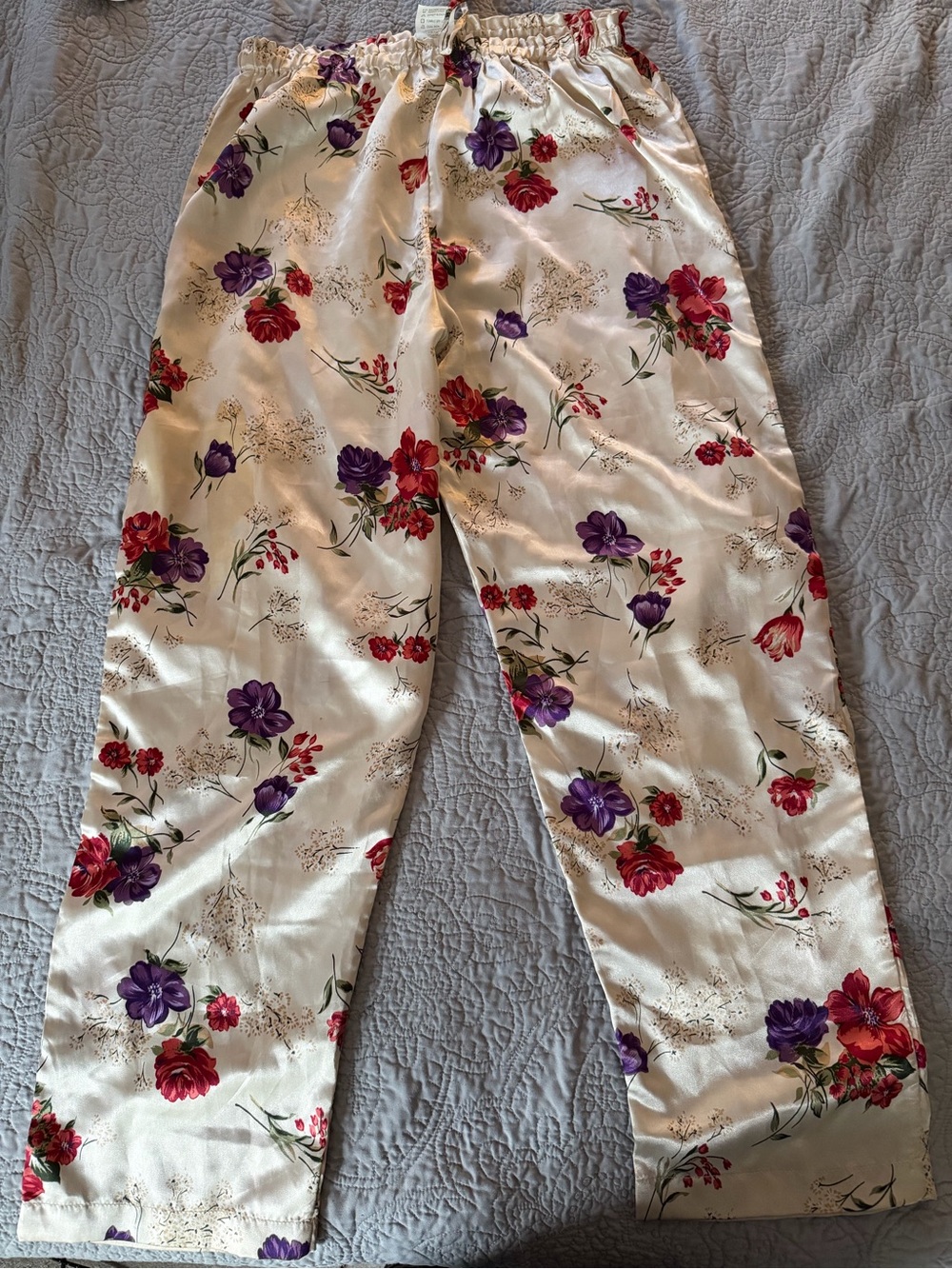 Floral Satin Wide-Leg Pants in Ivory with Red & Purple Blooms